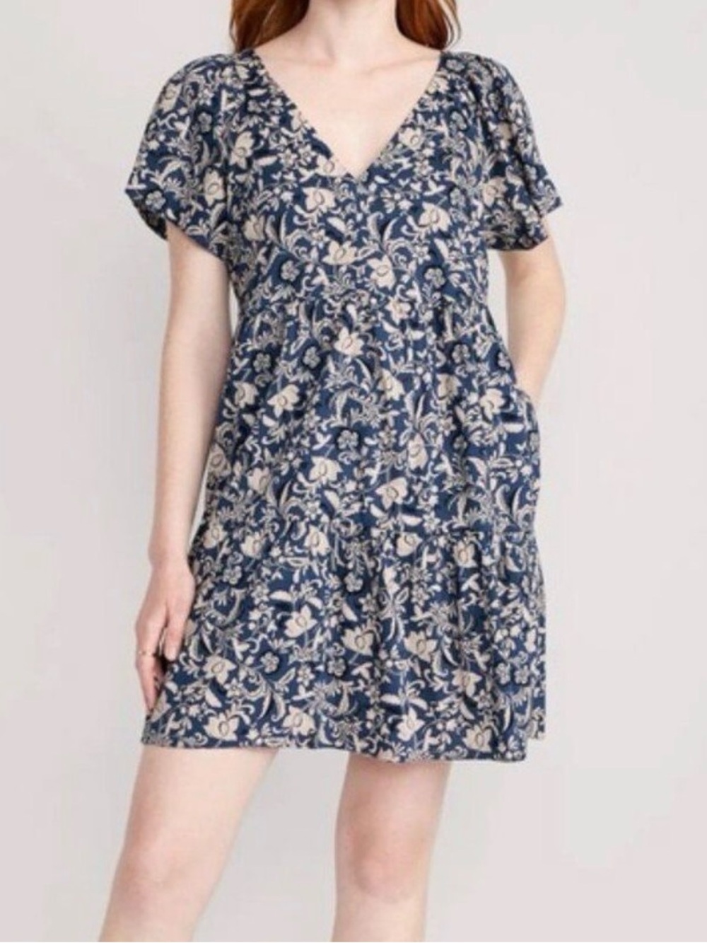 Old Navy Women V-Neck Tiered Floral Mini Swing Dress (Size: M)
